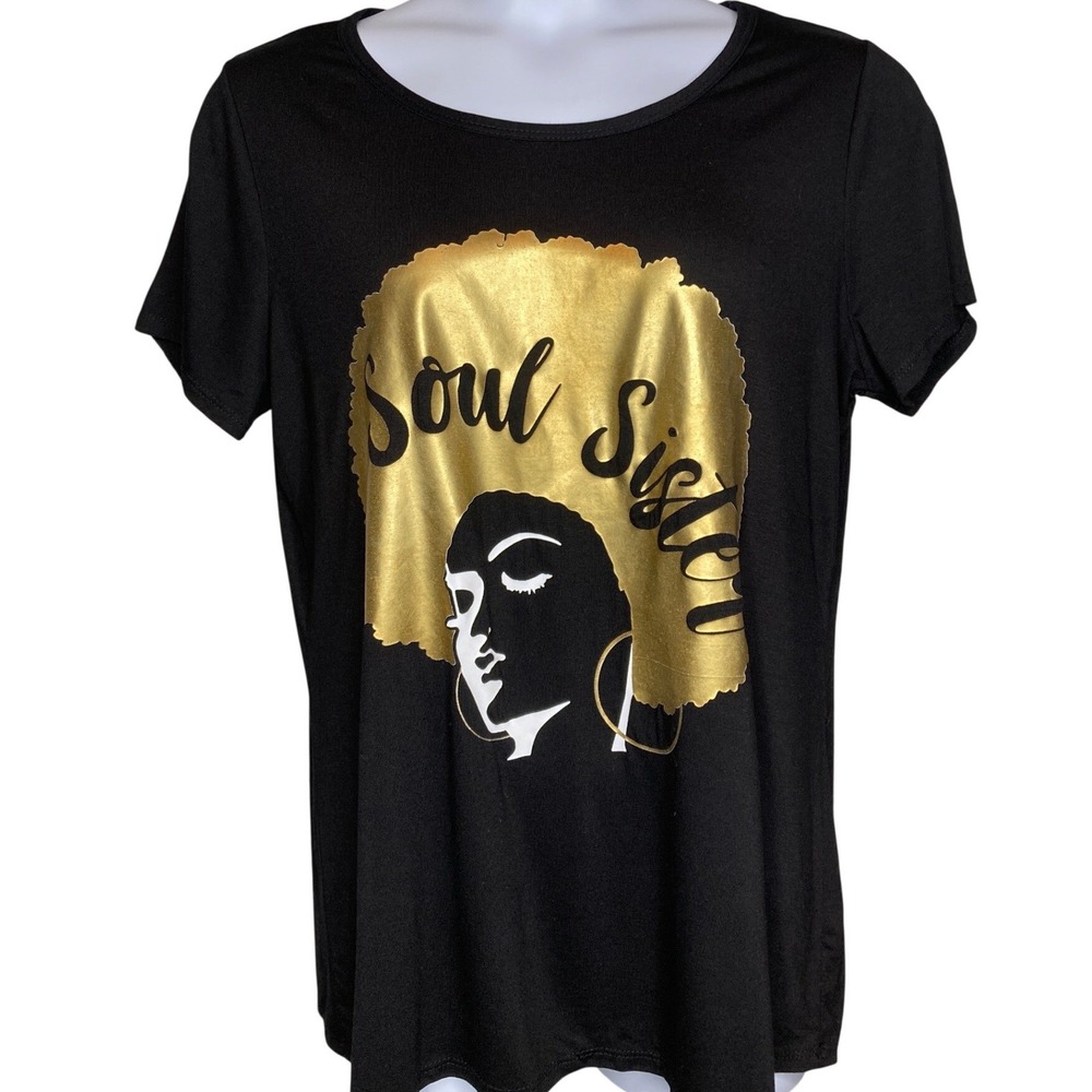 NWT Ashley Stewart Women Black Soul Sister Gold Afro T-Shirt Sz 18/20 Sisterhood